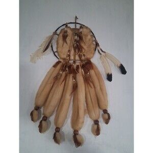 Vtg XL Dreamcatcher Native American Mandala Fur Wool Feathers Beads Tribal Art